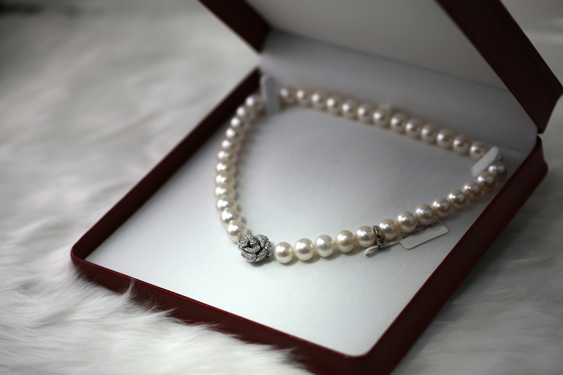 A pearl necklace with a decorative clasp in a jewelry box